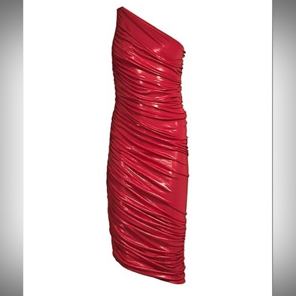 Norma kamali diana dress knee metallic red lame one shoulder NWT XXS - Picture 6 of 9